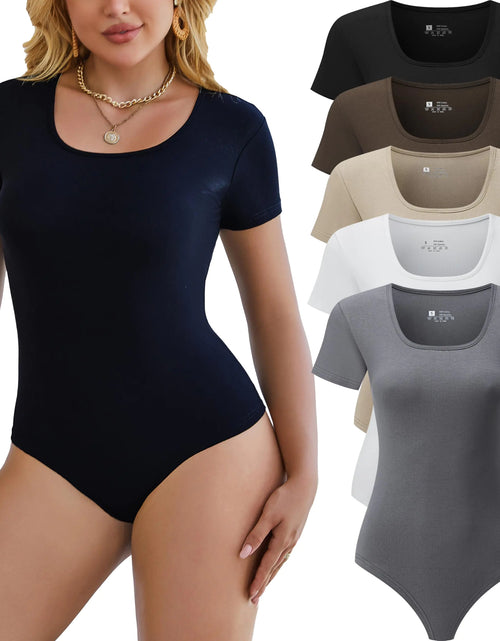 Load image into Gallery viewer, Chongbaijia 5 Pack Short Sleeve Bodysuits for Women Square Neck Casual Stretchy Basic Body Suits Tops T Shirts
