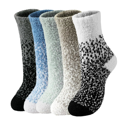 Chaussettes duveteuses pour femmes - Lot de 5 paires de chaussettes douillettes et duveteuses, chaussettes pantoufles pour femmes, en polaire corail douce et confortable, dégradé foncé