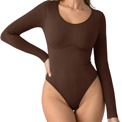 PINKMSTYLE Womens Bodysuits Sexy Ribbed Scoop Neck Long Sleeve T Shirt Fitted Seamless Tummy Shapewear Tops Coffee X-Small