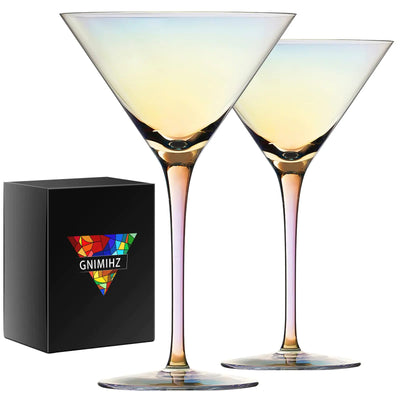 Gnimihz Iridescent Martini Glasses Set of 2-9 oz Handmade Premium Crystal Cocktail Glasses Martini Cosmopolitan Manhattan Gimlet Pisco Sour Christmas Gifts for Men Women Iridescent