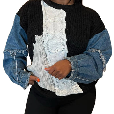 Vaceky Sudaderas de Mujer Manga Vaquera Bloques de Color Cuello Redondo Jerséis de Punto