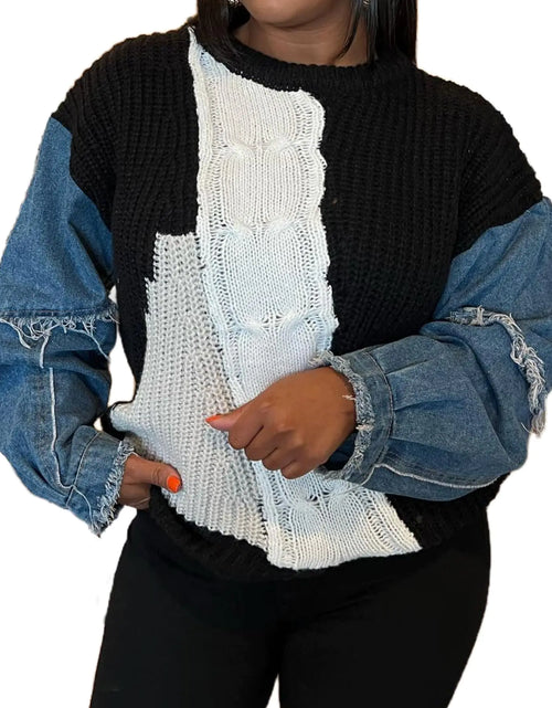 Cargar imagen en el visor de la galería, Vaceky Sudaderas de Mujer Manga Vaquera Bloques de Color Cuello Redondo Jerséis de Punto
