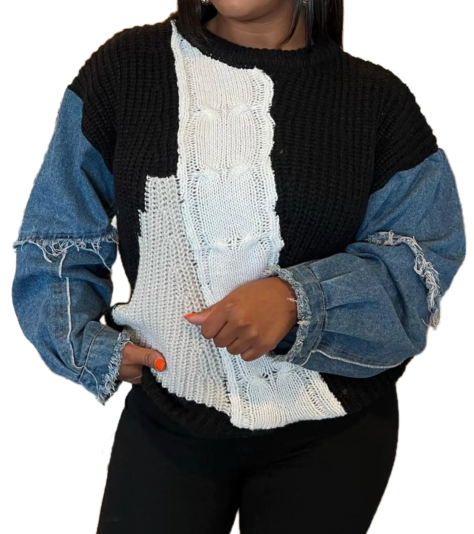 Vaceky Sudaderas de Mujer Manga Vaquera Bloques de Color Cuello Redondo Jerséis de Punto