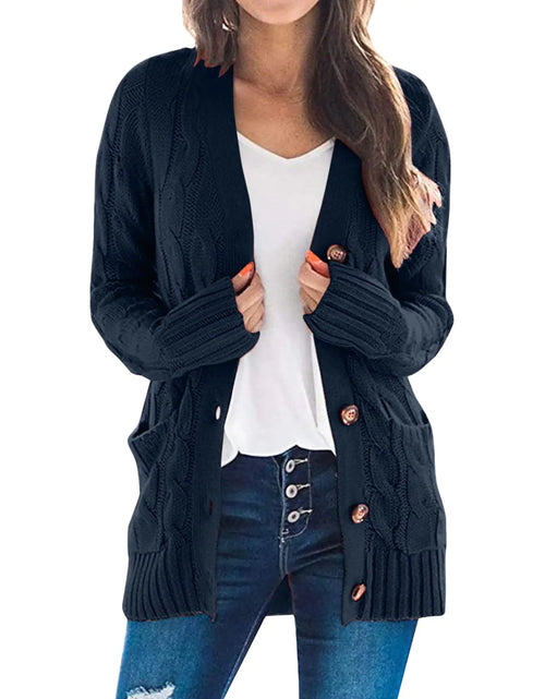 Cargar imagen en el visor de la galería, PIFAME Pedidos recientes realizados por mí Cárdigan para mujer, suéteres con botones abiertos y bolsillos, cárdigan de manga larga con botones, talla XXG, color azul marino
