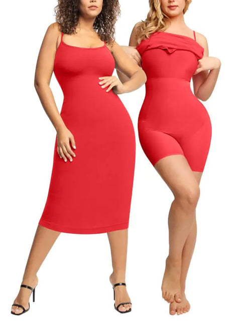 Load image into Gallery viewer, Popilush Shapewear Dress Bodycon Midi Dress Built-in Bra Summer Casual Tummy Control Slip Dress with Adjustable Straps Red
