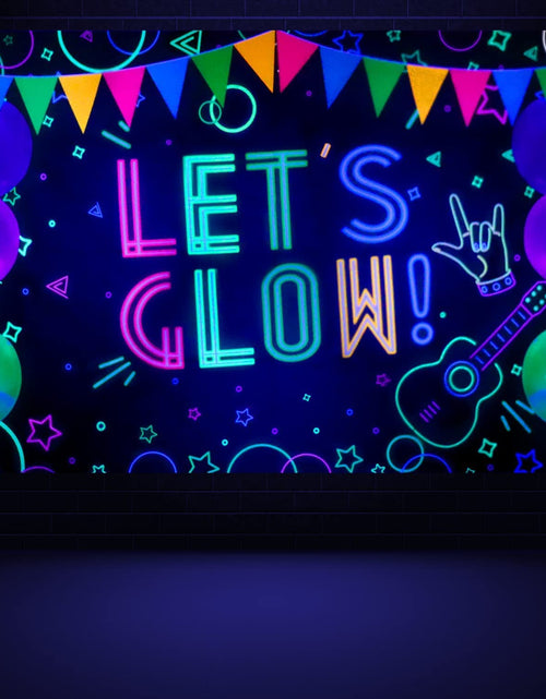 Cargar imagen en el visor de la galería, Fondo de cumpleaños neón brillante - Cartel "Let's Glow" que brilla en la oscuridad Fondo de fotografía para fiesta temática de luz negra Fondo para fotomatón 1.8x1.2m
