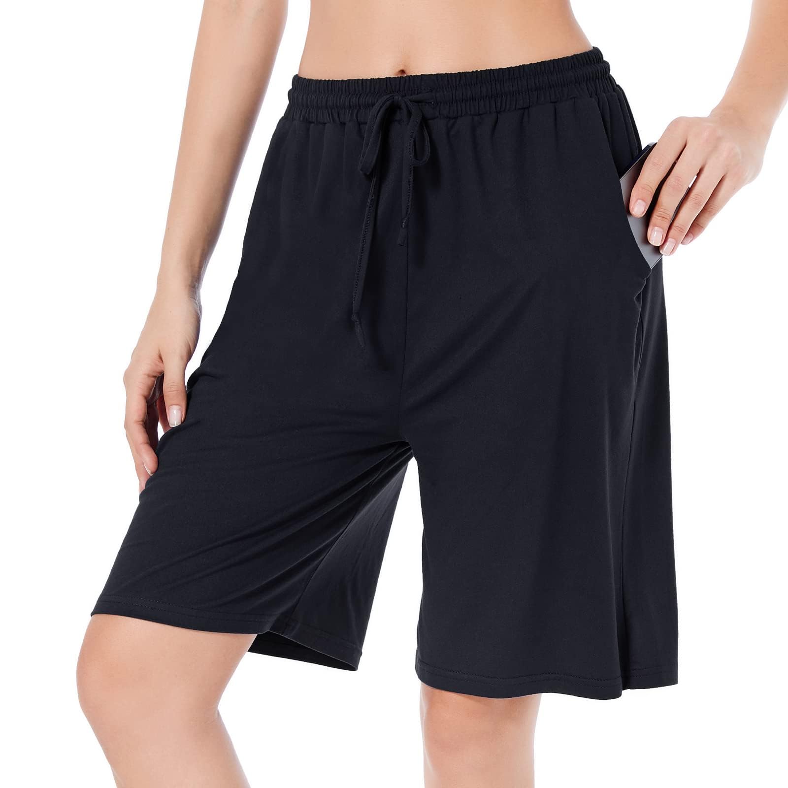 CULAYII High Waisted Shorts for Women Long Running Athletic Bermuda Shorts Loose Basketball Exercise Workout Gym Lounge Shorts with Pockets Black