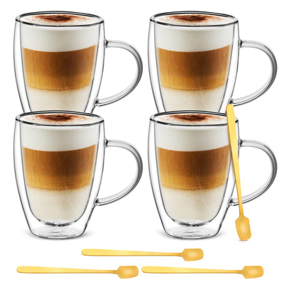 Cappuccino Glass Mugs (Set of 4) 12 Ounces Double Walled Espresso Mug Cups Glass Mug Set with 4 Golden Spoon Drinking Coffee Cups with Handle Clear Glass Mugs for Latte Cappuccino Tea Bag Juice