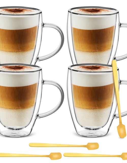 Cargar imagen en el visor de la galería, Juego de 4 tazas de cristal para capuchino de 350 ml, tazas de café expreso de doble pared, juego de tazas de cristal con 4 cucharas doradas, tazas de café con asa, tazas de cristal transparente para latte, capuchino, té, zumo
