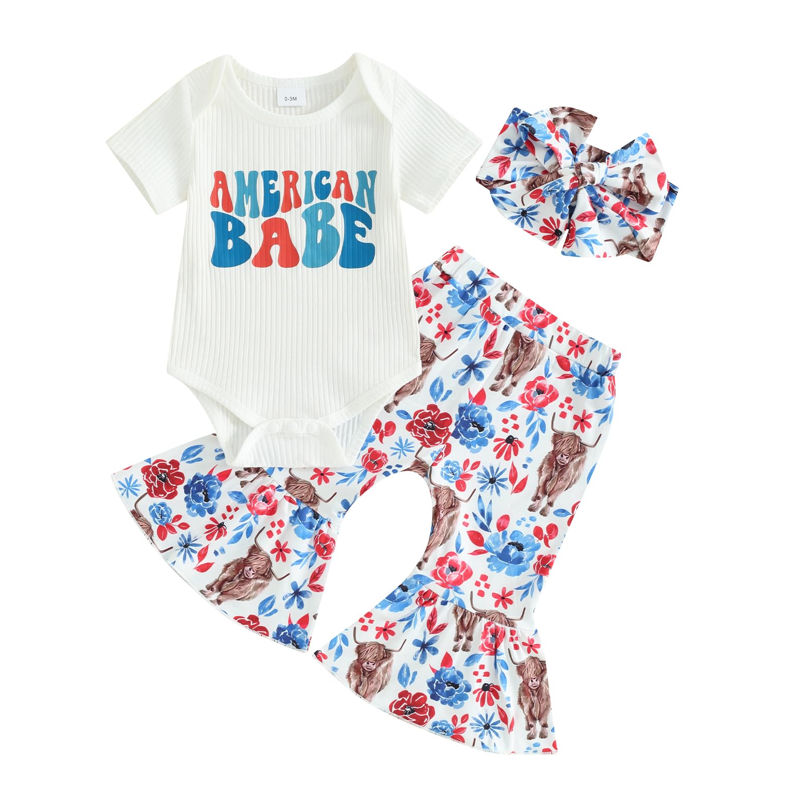 wybzd Newborn 4th of July Baby Girl Outfits Ribbed Usa Romper and Pants Sets Fourth of July Outfit American Clothes American Baby 3-6 Months