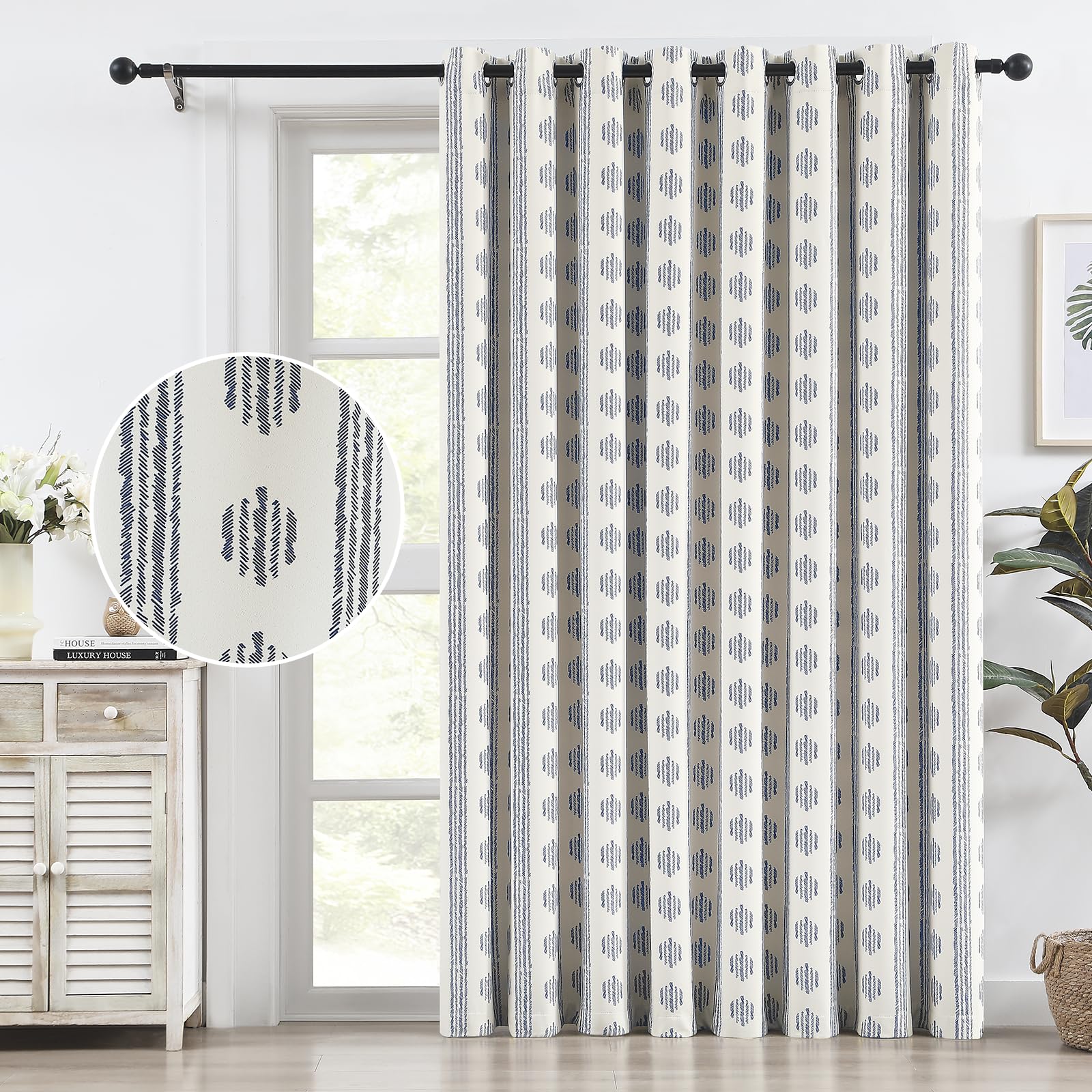 Melodieux Blackout Boho Curtain 84 Inch Long for Bedroom 1 Panel Extra Wide Cotton Curtains Blue on Beige Striped Pattern Bedroom Curtains Grommet Room Darkening Curtains Thermal Insulated