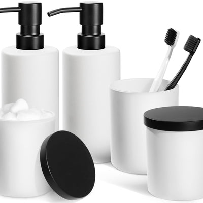 ALPIRIRAL White Bathroom Accessories Set 5 Pcs Bathroom Accessories Set Glass Soap Dispenser and Toothbrush Holder Set Qtip Holder and Cotton Ball Holder Modern Bathroom Decor Sets