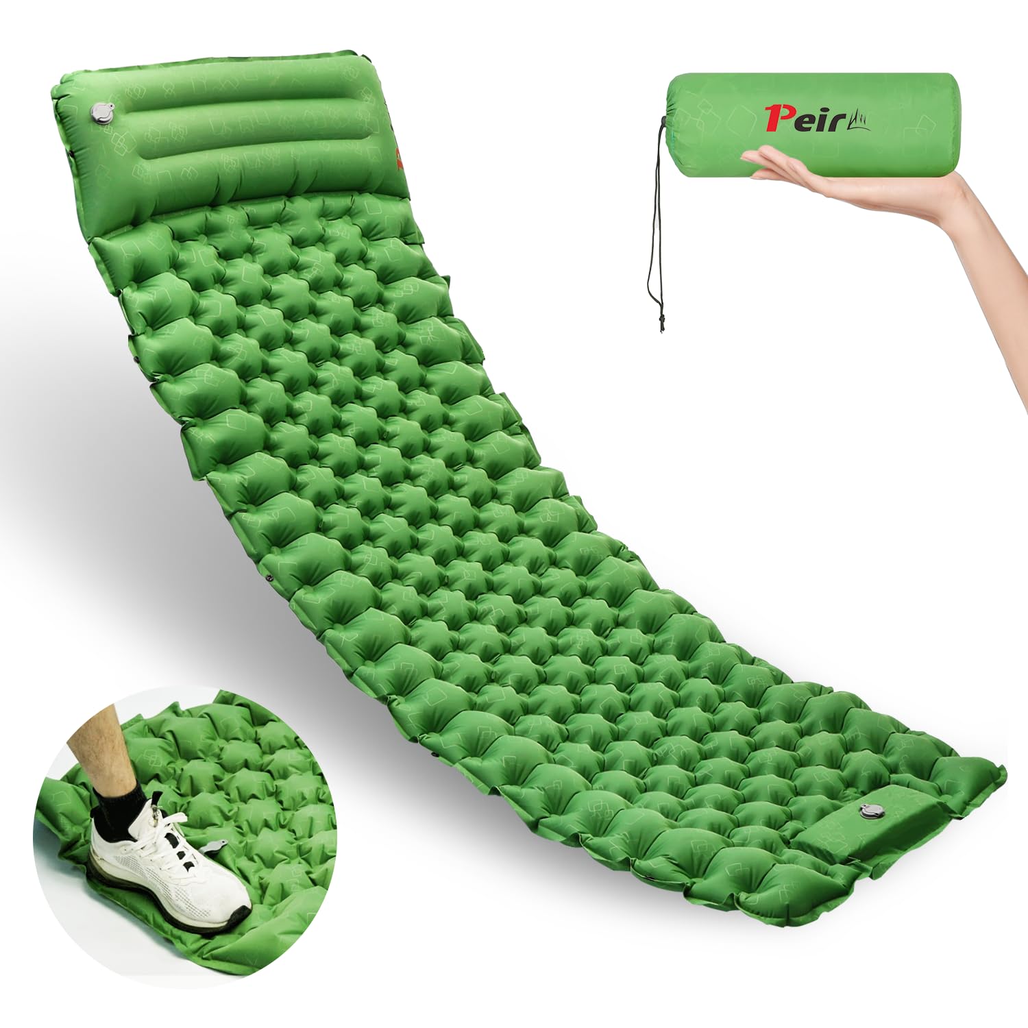 Peirhw Camping Sleeping Pad Ultralight Camping Mat with Pillow Built-in Foot Pump Inflatable Sleeping Pads Compact Sleep Pad for Camping Backpacking Hiking Traveling