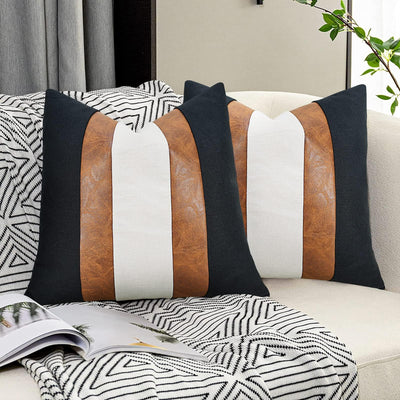 JASEN Fundas de Cojín de Piel Sintética Blanca y Negra, Funda Decorativa de Piel Sintética Marrón, Funda de Cojín Decorativa con Rayas Bohemias Modernas para Sofá, Cama 20x20