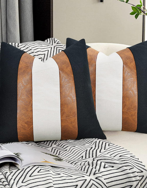 Cargar imagen en el visor de la galería, JASEN Fundas de Cojín de Piel Sintética Blanca y Negra, Funda Decorativa de Piel Sintética Marrón, Funda de Cojín Decorativa con Rayas Bohemias Modernas para Sofá, Cama 20x20
