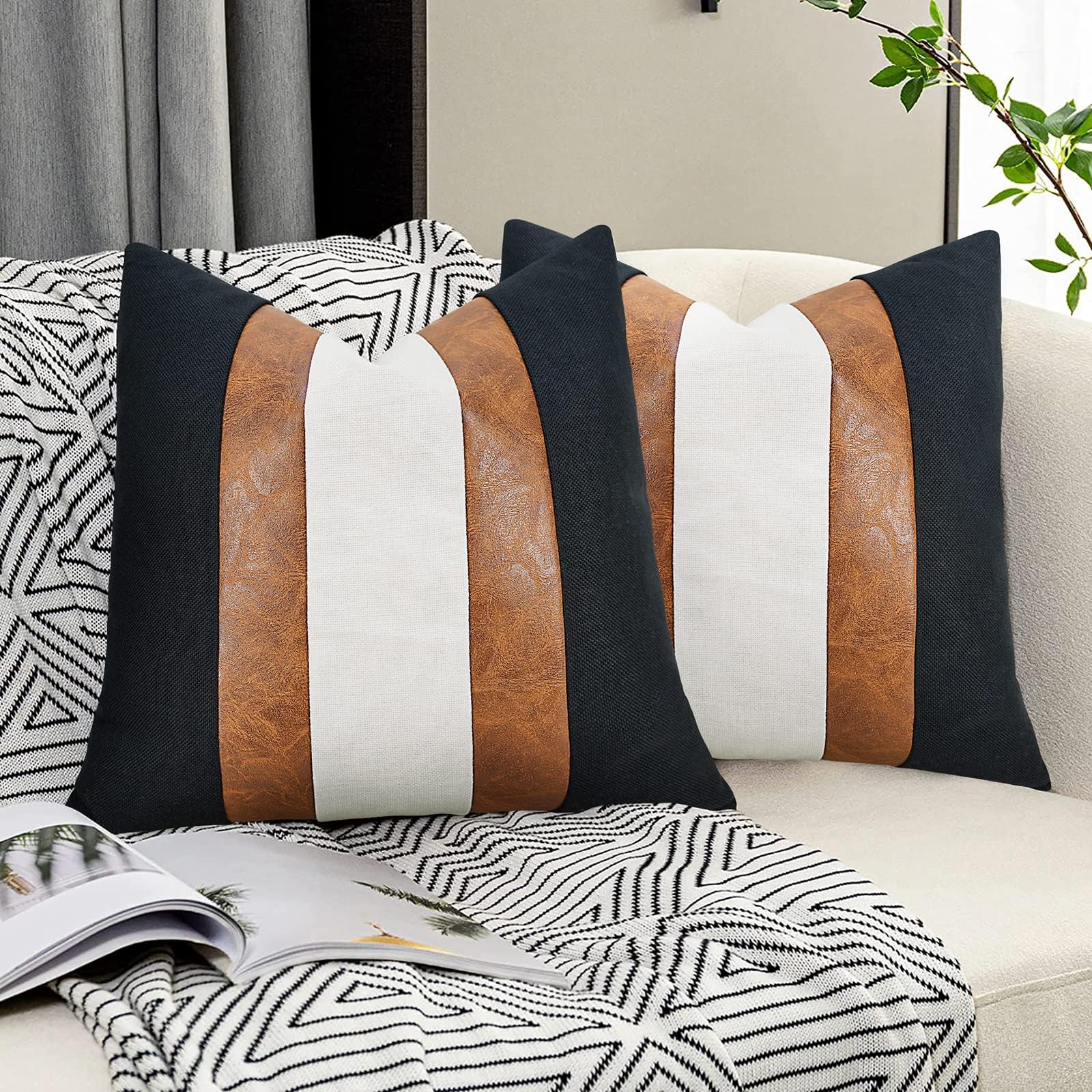 JASEN Fundas de Cojín de Piel Sintética Blanca y Negra, Funda Decorativa de Piel Sintética Marrón, Funda de Cojín Decorativa con Rayas Bohemias Modernas para Sofá, Cama 20x20