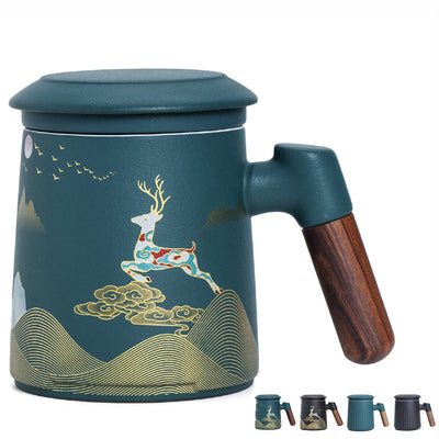 Taoci Ceramic Tea Mug with Infuser & Lid Tea Cup Moon Deer Mountain Creative Embossed Design Coffee Mug with Strainer & Wooden Handle 13.5oz (Green Pattern)