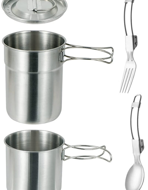 Load image into Gallery viewer, DZRZVD Camping Cups and Mugs Pot 2Pcs-304 Food Grade Stainless Steel-Foldable Handle-Outdoor Cookware Set with Vented Lid &amp; Spoon Fork-33oz Big+24oz Small for Backpacking Picnic Hiking Traveling

