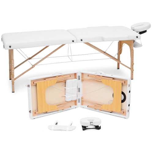 MoNiBloom Massage Table 2 Fold Portable Massage Table 82" Massage Bed Height Adjustable SPA Bed w/Carry Case Beechwood Frame Foldable Massage Table White