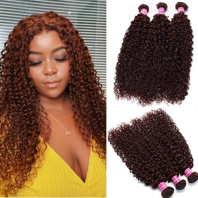 Nadula Reddish Brown 33B Curly Human Hair Weave 3 Bundles Dark Auburn 3pcs Brazilian Hair Weave Bundles for Women Copper Red Human Hair Bundles for Sew in Extensions (16 18 20)