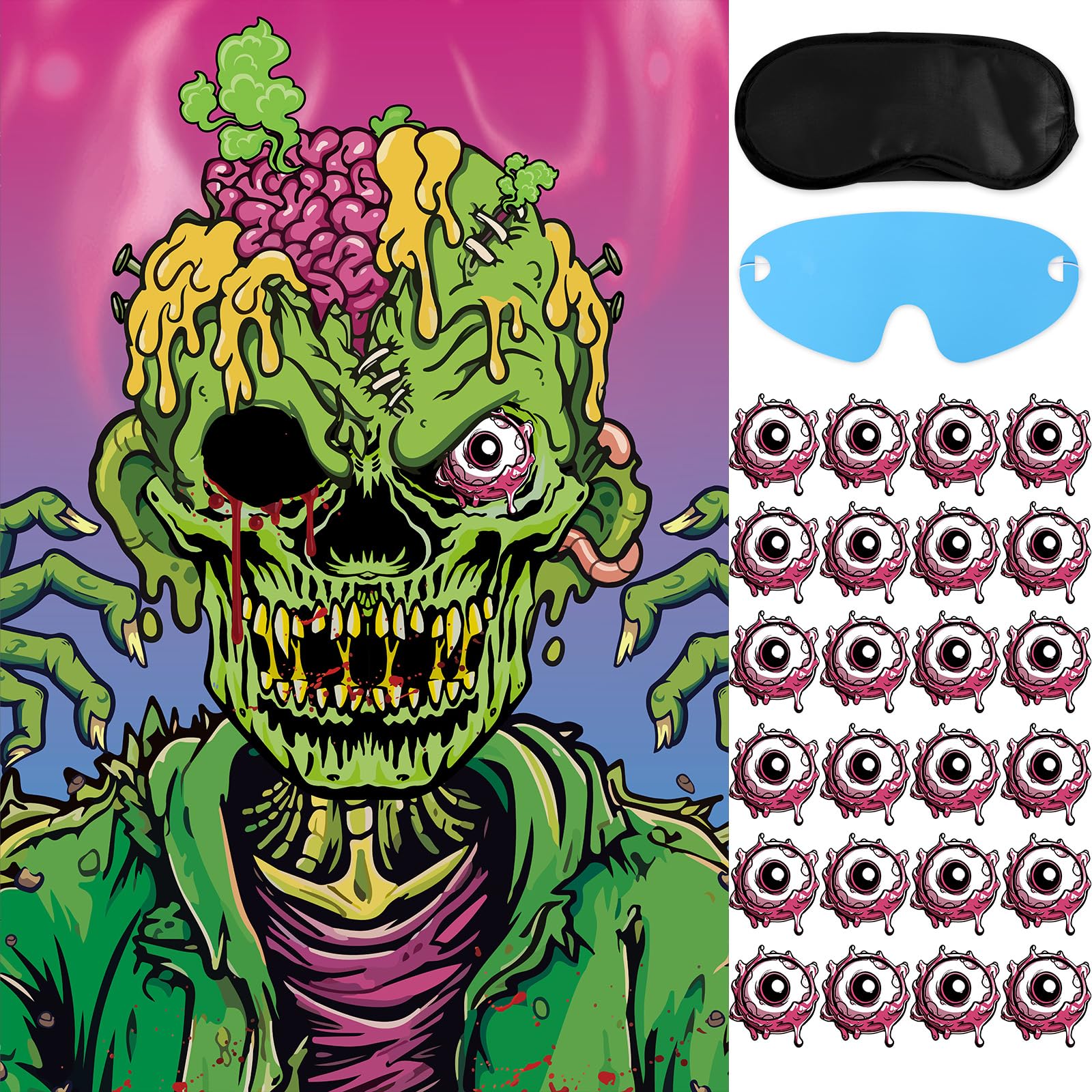 Hxezoc Pin The Eyeball On The Zombie Game with 24 Pcs Eyeballs Stickers Halloween Pin The Tail Scary Zombie Party Games for Kids Halloween Party Birthday Party Supplies