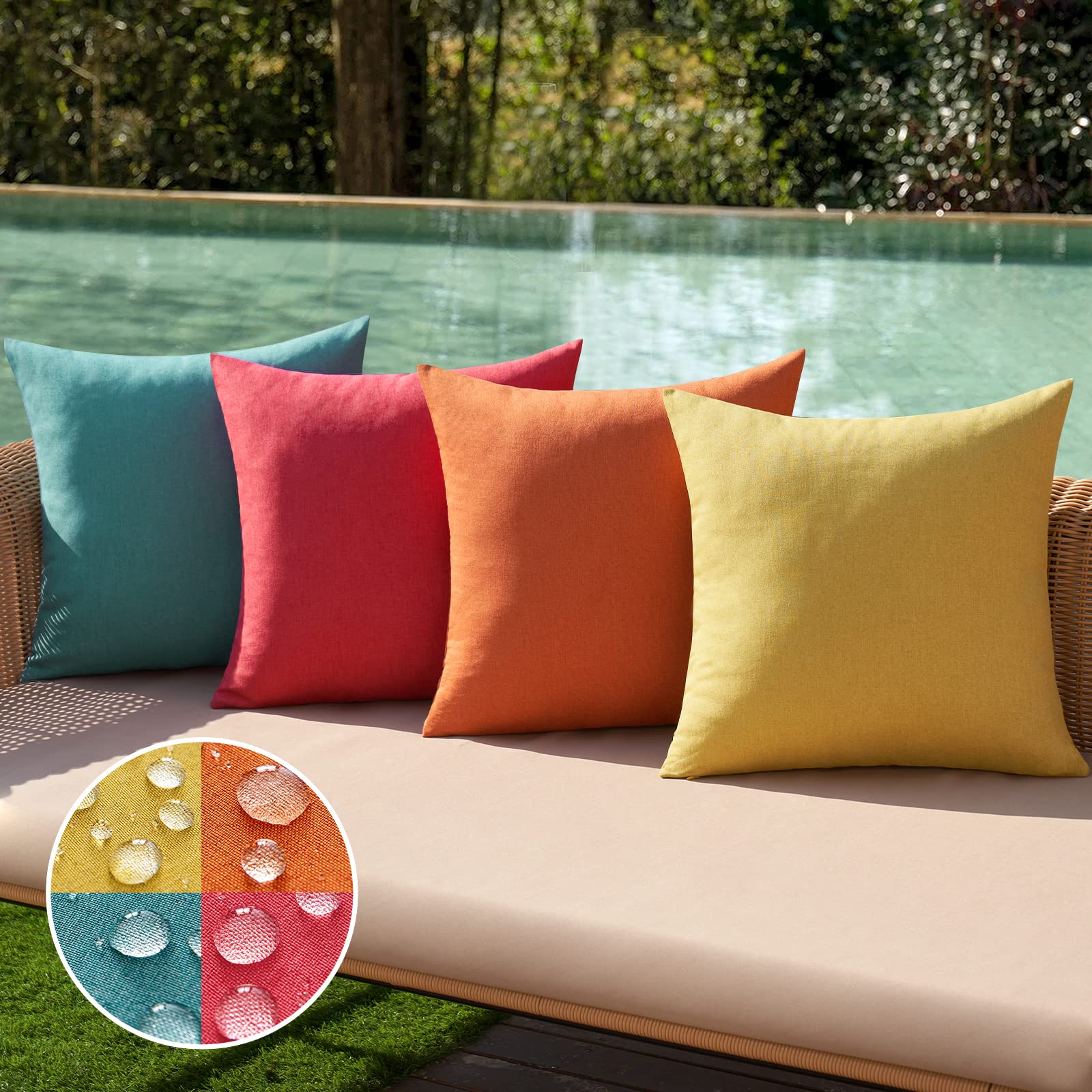 MIULEE Lot de 4 housses de coussin décoratives d'extérieur en lin imperméable pour ferme, jardin, tente, balcon, canapé, 45,7 x 45,7 cm, rouge/turquoise