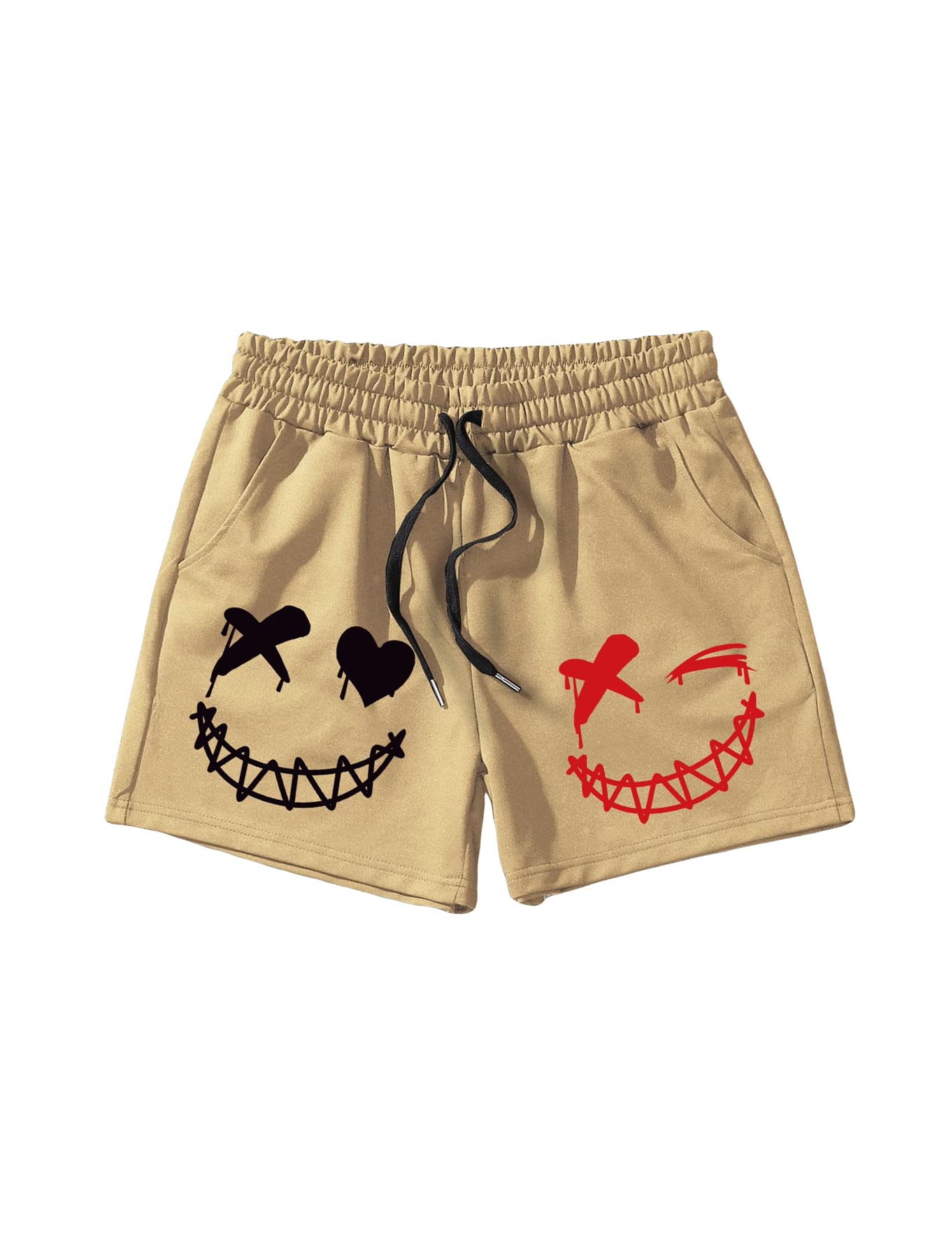 GORGLITTER Mens Cartoon Graphic Running Workout Shorts Drawstring Waist Track Shorts with Pockets Khaki Graphic Large