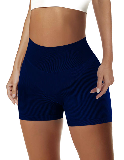 Load image into Gallery viewer, AURUZA Workout Shorts Women High Waist Biker Shorts Women Gym Shorts Women Seamless Ribbed Athletic Yoga Shorts Leggings L Dark Blue
