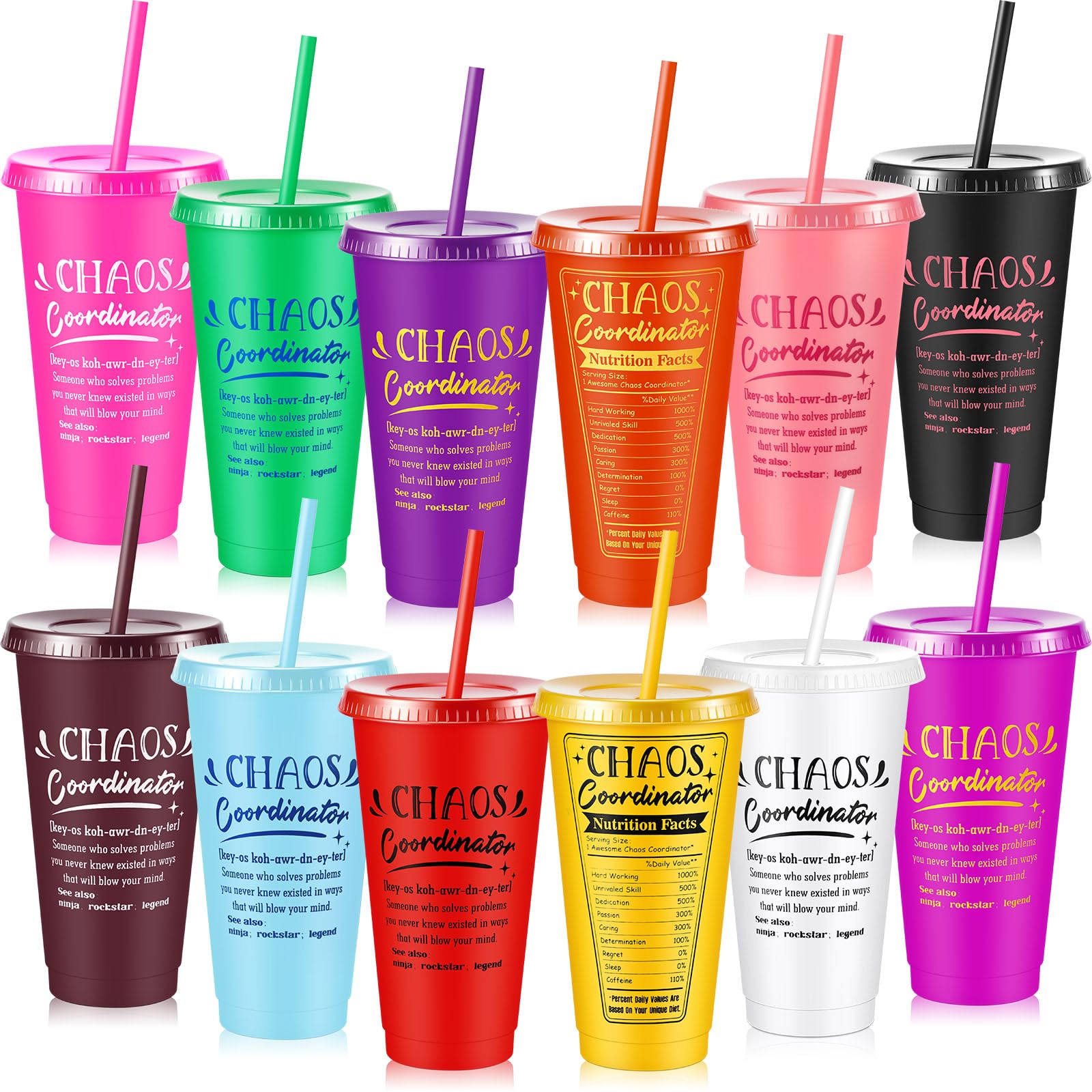 Uiifan 12 vasos coordinadores de caos para mujeres, 24 oz, de plástico reutilizable, con tapa de paja, vaso de viaje, botella de agua a granel, regalo de agradecimiento para profesores, empleados, enfermeras