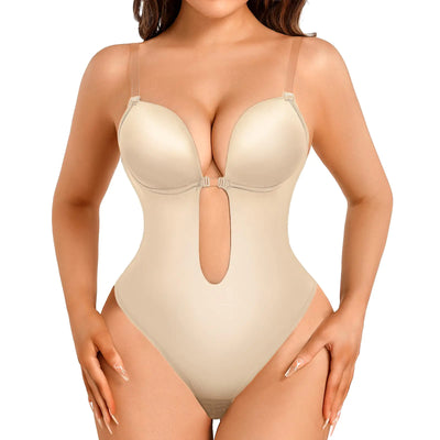 Decorus Shapewear Bodysuit sin Espalda y sin Tirantes: Faja Trasera Baja de Hilo Invisible para Mujer - Bodysuits sin Espalda con Sostén Incorporado para Boda sin Costuras Beige