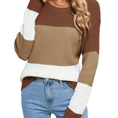 Alsol Lamesa Suéter de punto suave informal a rayas de manga larga con cuello redondo para mujer