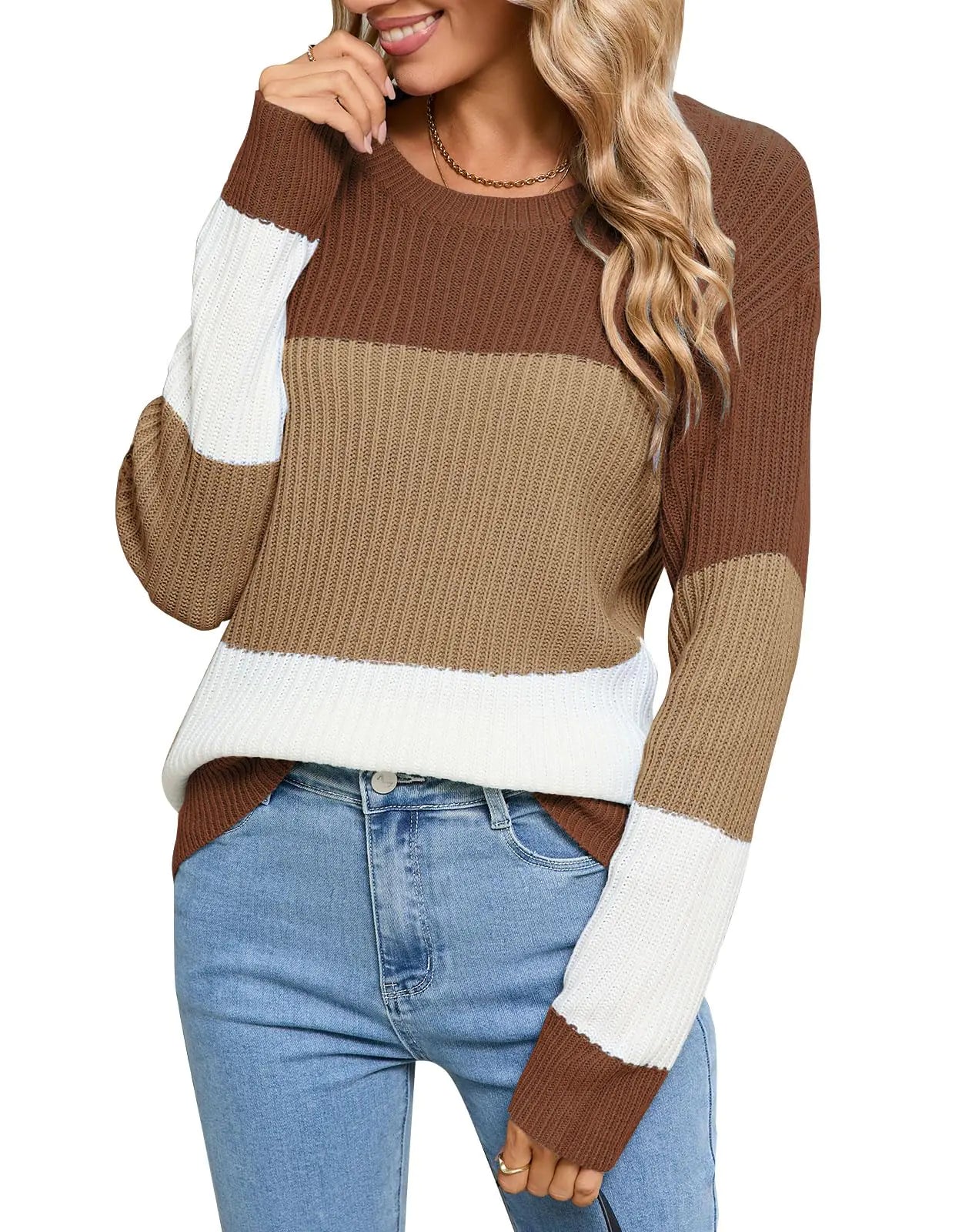 Alsol Lamesa Womens Striped Color Block Sweater Crew Neck Long Sleeve Casual Soft Knit Sweaters