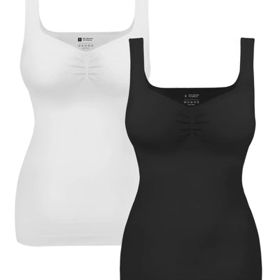 EUYZOU Women 2PK Tummy Control Shapewear Tank Tops Pleated Bustier Sweetheart Compression Tank Tops Body Shaper Camisole Black/White XXL