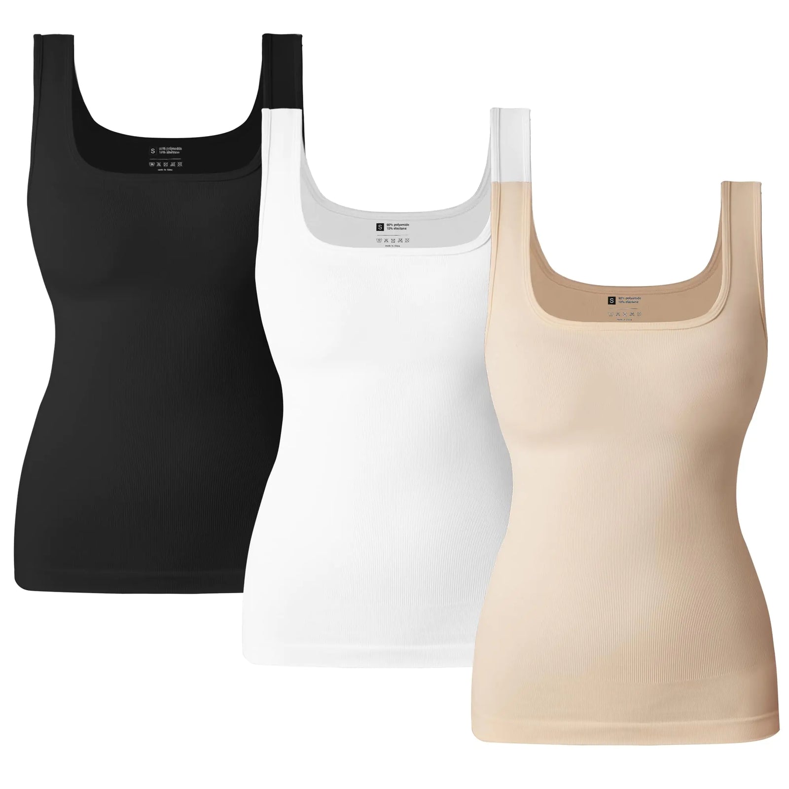 OLCHEE Womens Shapewear Tank Tops Tummy Control Square Neck Seamless Ribbed Compression Slimming Body Shaper - Black White Beige Size Small