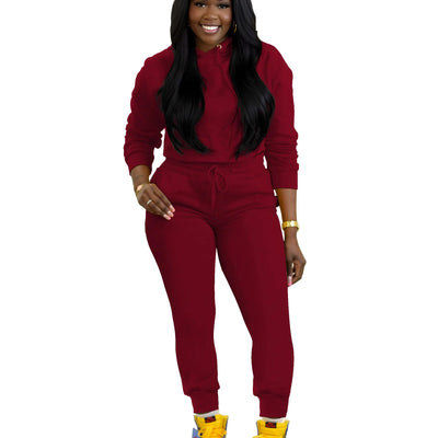 TOPSRANI Womens Two Piece Outfits Bodycon Tracksuit Sweatsuits Hoodie Solid Jogger Biker Workout Lounge Long Sleeve Pant Sets Wine M