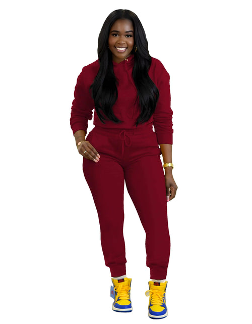 Load image into Gallery viewer, TOPSRANI Womens Two Piece Outfits Bodycon Tracksuit Sweatsuits Hoodie Solid Jogger Biker Workout Lounge Long Sleeve Pant Sets Wine M
