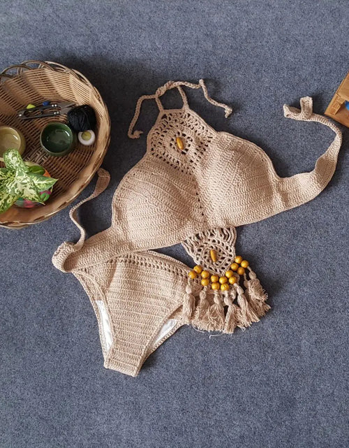 Load image into Gallery viewer, Swimwear Set with Handmade Crochet Tassels
