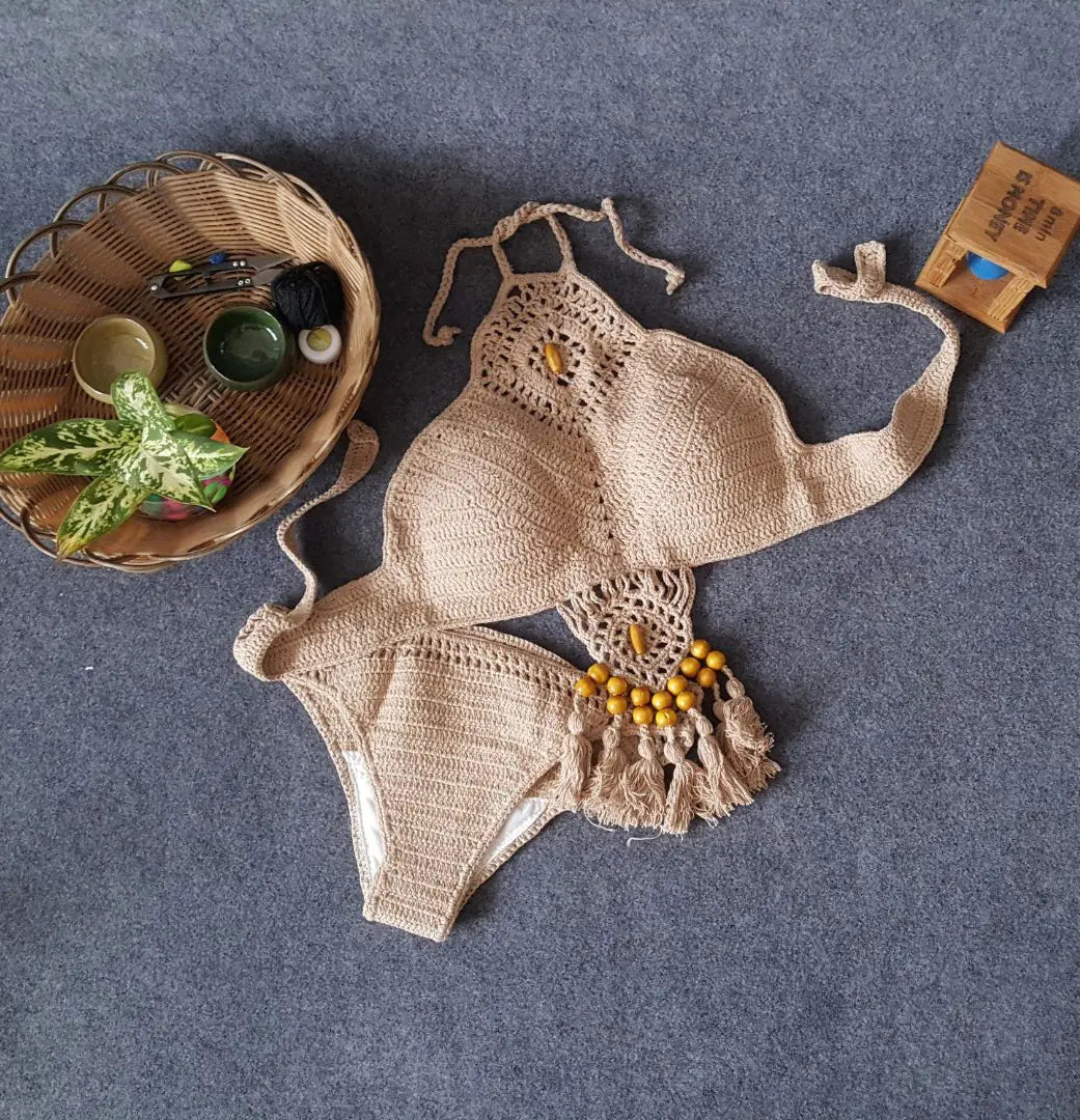 Swimwear Set with Handmade Crochet Tassels