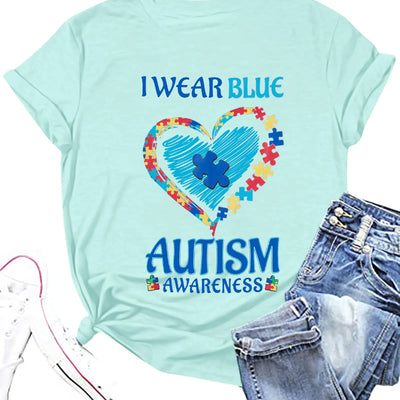 Autism Awareness Shirt Women Blue Ribbon T-Shirt I Wear Blue Tshirt Autism Support Tee Causal Short Sleeve Tee Tops