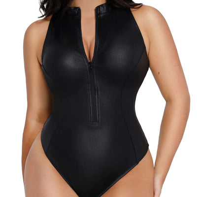 Body de cuero Popilush para mujer, faja de control de abdomen, body de cuello alto falso, corsé con cremallera y tanga