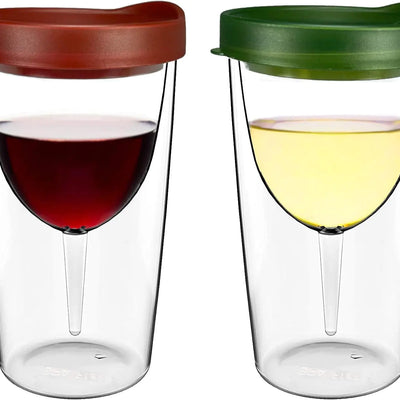 PrimeSaver Wine Sippy Cup with Lid - Plastic Insulated Wine Tumblers - Wine Glass Goblet Sippy Cup for Adults - Red and Green - 2 Pack