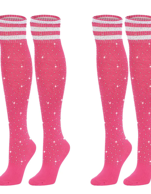 Cargar imagen en el visor de la galería, ANNTXL Medias altas hasta la rodilla con diamantes de imitación para mujer, calcetines de punto a rayas, calentadores de piernas para eventos de Navidad y San Valentín
