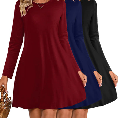 Huukeay 3 Pack Womens T-Shirt Dresses Long Sleeve Crew Neck Tunic Dresses Casual Loose Dress Knee Length Basic Swing Dress(MediumBlack Navy Blue Wine Red)