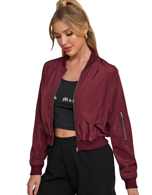 Load image into Gallery viewer, OYOANGLE Womens Lightweight Bomber Biker Jacket Zip up Windbreaker Crop Bomber Jacket Coat Maroon XL
