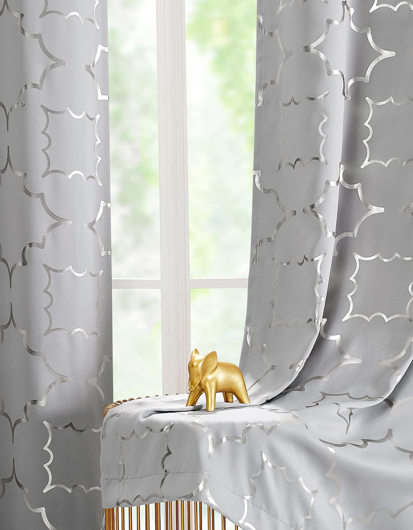 Purainbow Grey Blackout Curtain Panels for Bedroom 84" Silver Foil Moroccan Metallic Print Energy Efficient Drapes for Bedroom Living Room Thermal Insulated Window Treatments Grommet Top 2 Panels