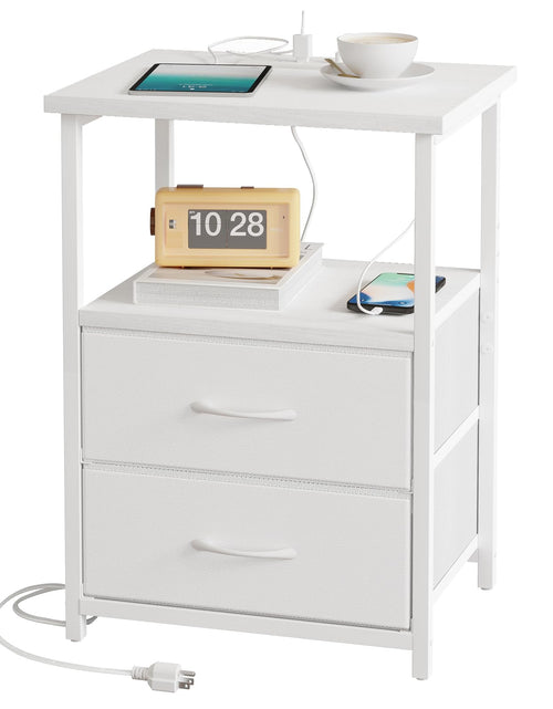 Charger l'image dans la visionneuse de galerie, Fixwal White Night Stand with Charging Station Bedroom Nightstand with Fabric Drawers Bedside Table with PU Finish
