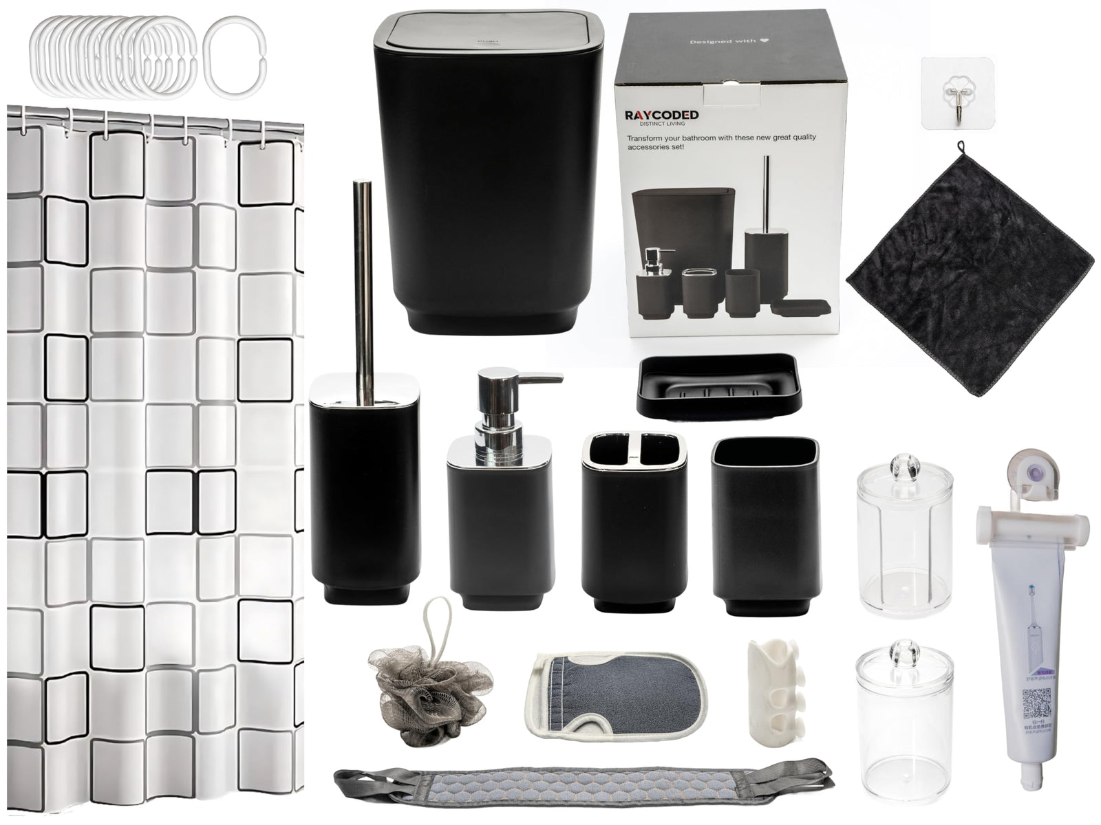 RAYCODED 29pcs Bathroom Accessories Set Bathroom Accessory Set with Trash Can Bathroom Shower Curtain Sets Shower Curtains for Bathroom Sets Black Restroom Decor and Accessories