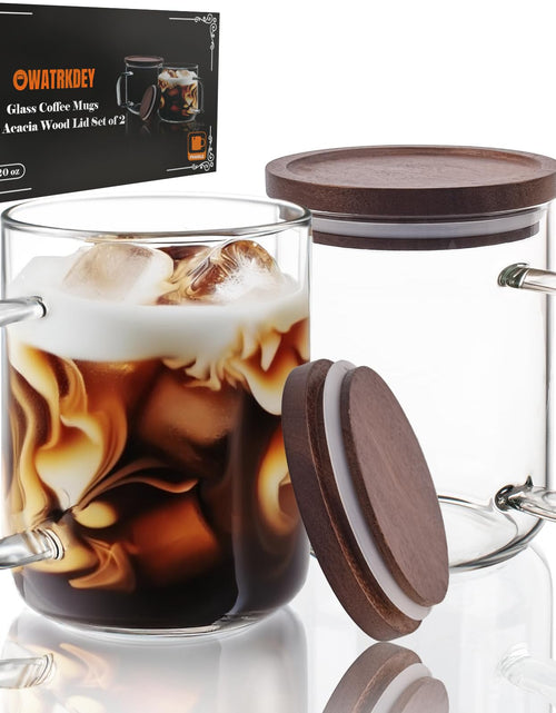 Cargar imagen en el visor de la galería, Tazas de café de cristal OWATRKDEY, tazas de café de cristal con tapa de madera de acacia, juego de 2 tazas de cristal de 20 oz con asas, grandes tazas de café aptas para microondas y lavavajillas para latte, espresso, té
