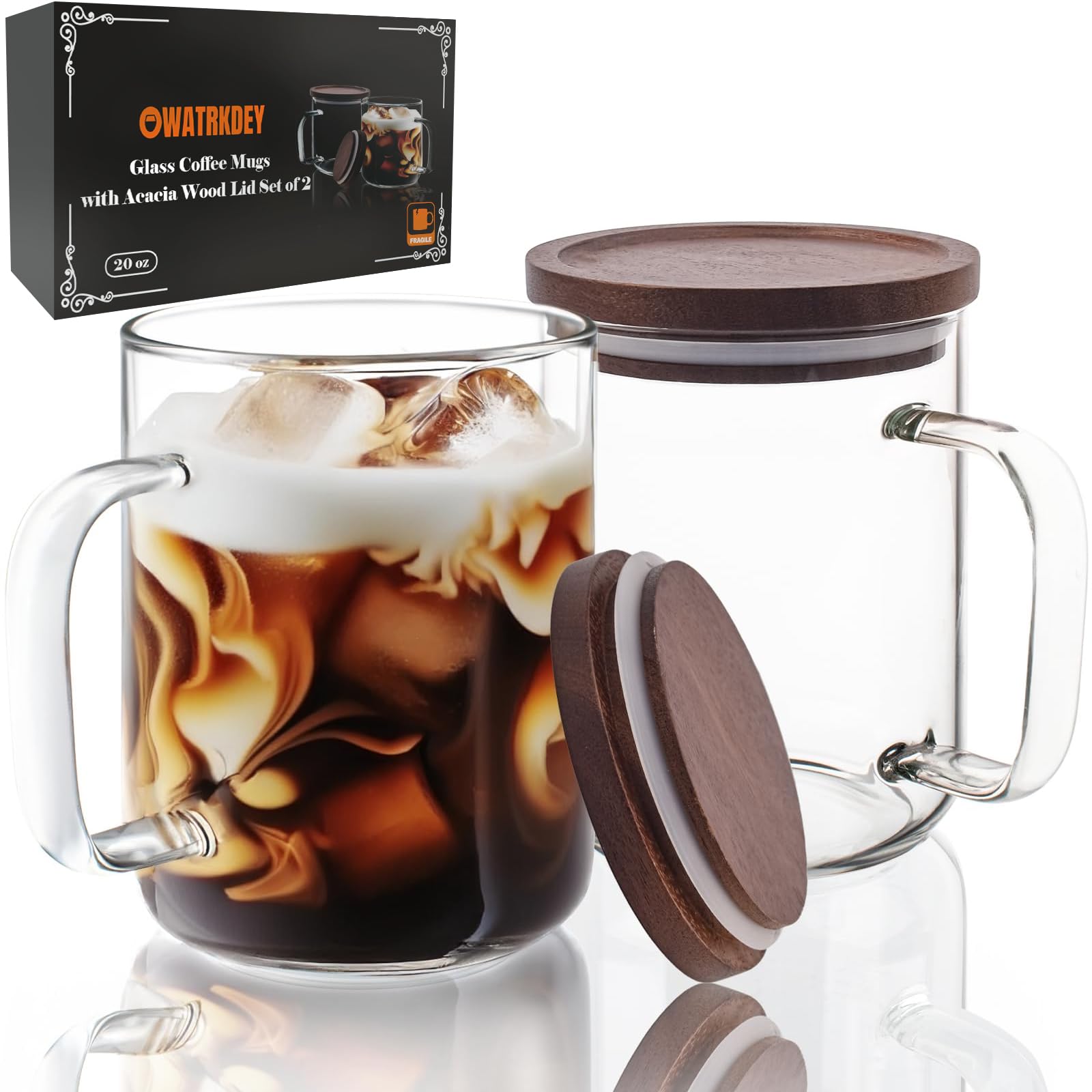 Tazas de café de cristal OWATRKDEY, tazas de café de cristal con tapa de madera de acacia, juego de 2 tazas de cristal de 20 oz con asas, grandes tazas de café aptas para microondas y lavavajillas para latte, espresso, té