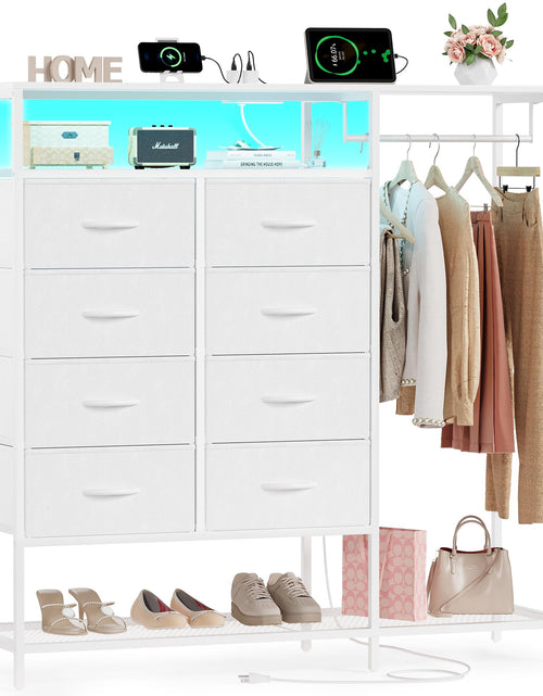 Cargar imagen en el visor de la galería, White Dresser for Bedroom with 8 Drawers Bedroom Dresser with Hanging Rack Clothes Dresser with Led Lights Closet Dresser with Charging Station 47 Inch Dresser with Shelves for Bedroom Closet
